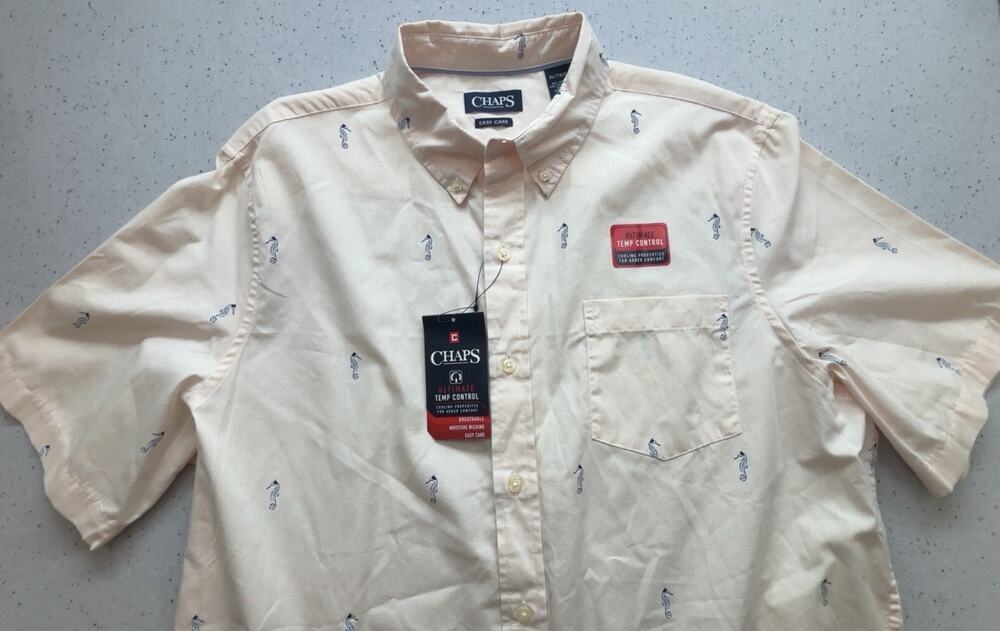 Chaps Mens Shirt XL Short Sleeve Button Orange Seahorse Temp Control NWT $55